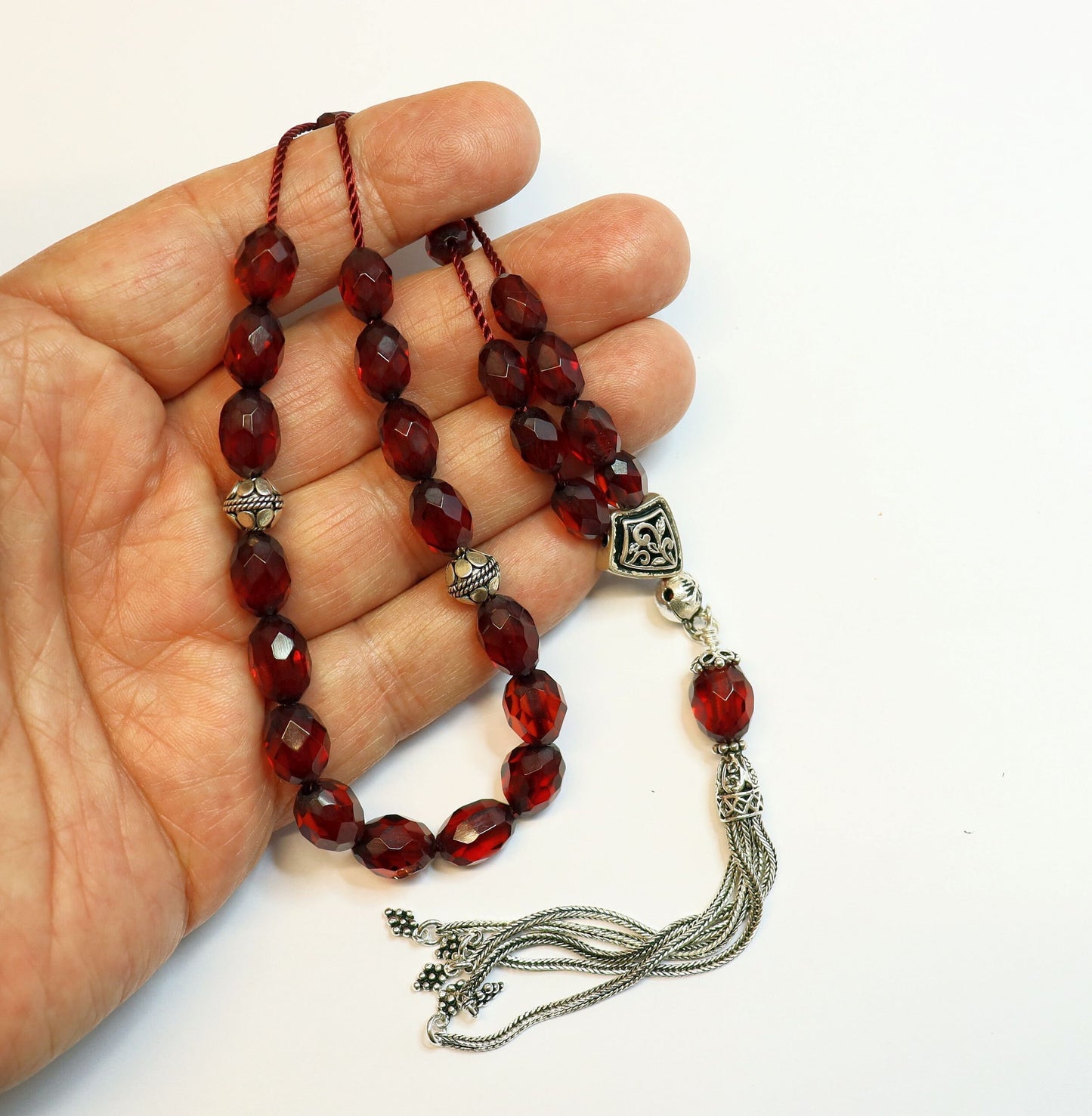 Rare Diamond Greek Komboloi, Worry Bead Strand, 1930's Cherry Bakelite, Genuine Misbaha Stress Relief, Sterling Silver Tesbih, TESTED XXR