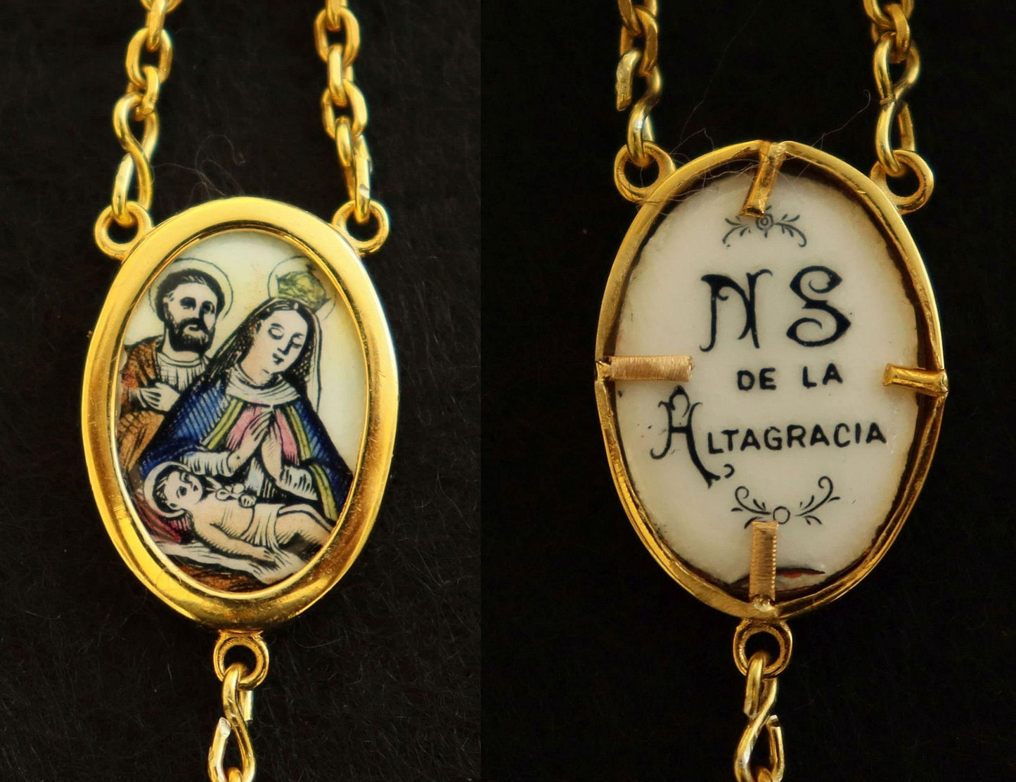 1920's Jet Stone & All 18K Solid Gold Catholic Rosary Our Lady of Altagracia - Extreme Rarity