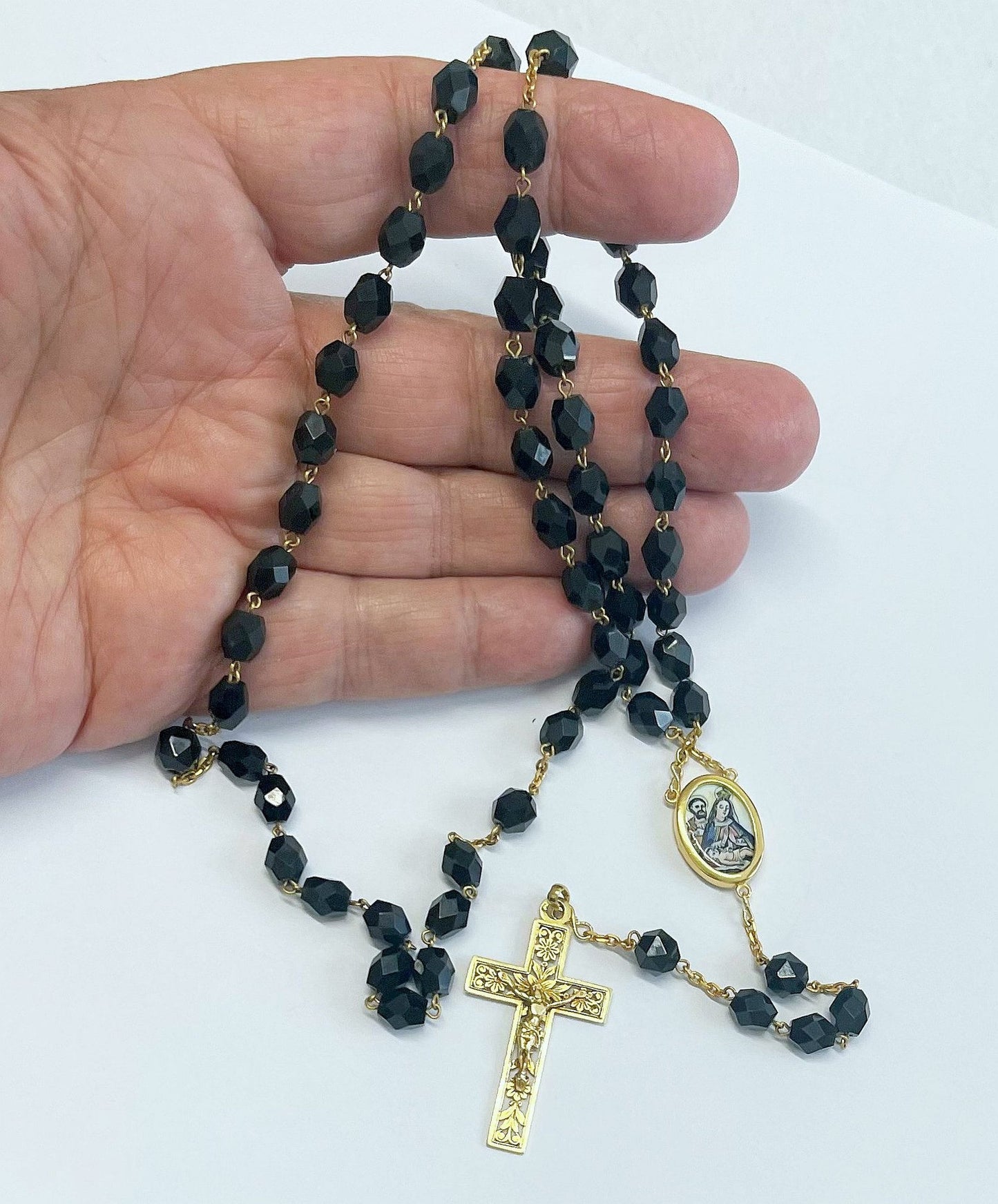 1920's Jet Stone & All 18K Solid Gold Catholic Rosary Our Lady of Altagracia - Extreme Rarity