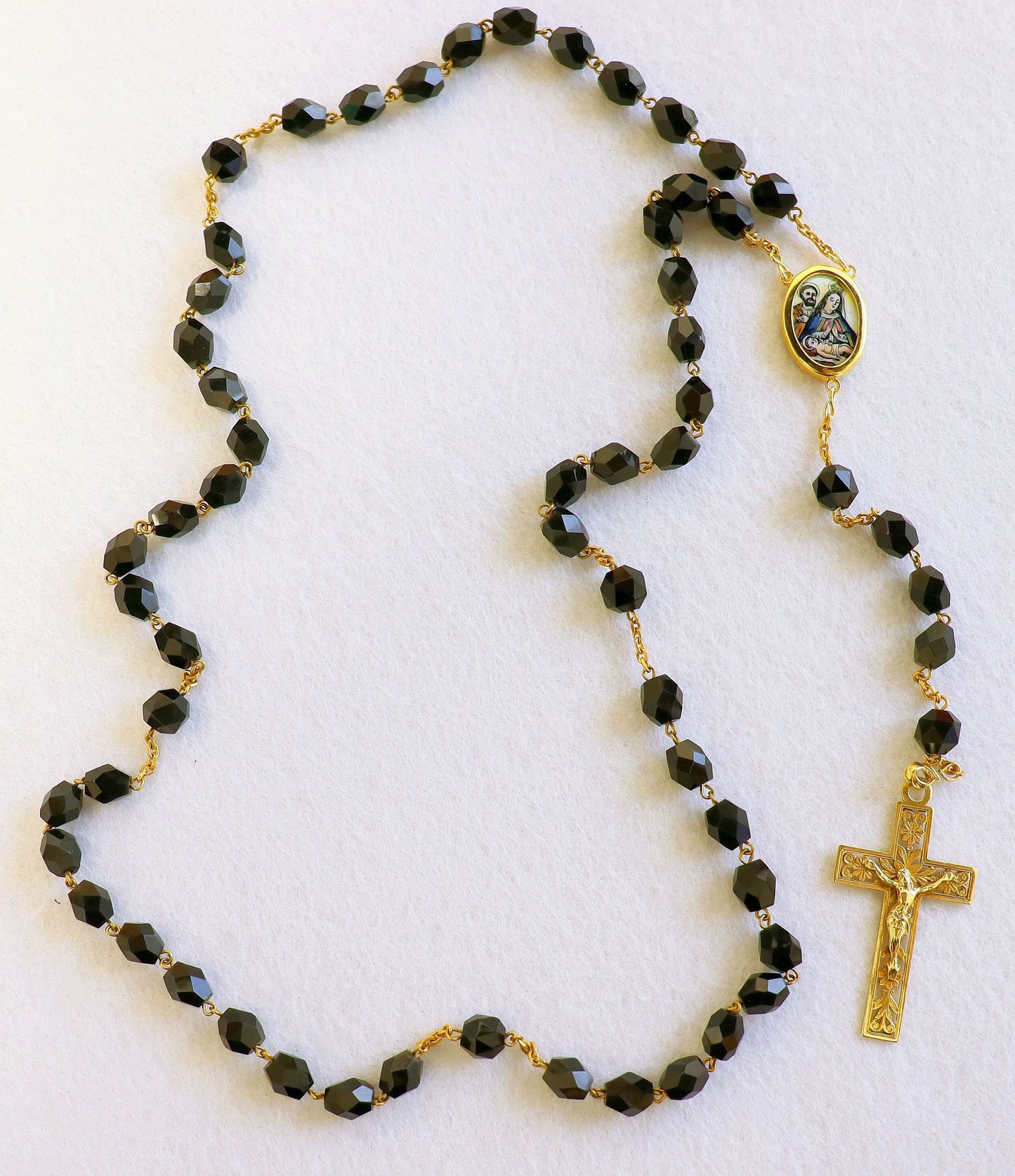 1920's Jet Stone & All 18K Solid Gold Catholic Rosary Our Lady of Altagracia - Extreme Rarity