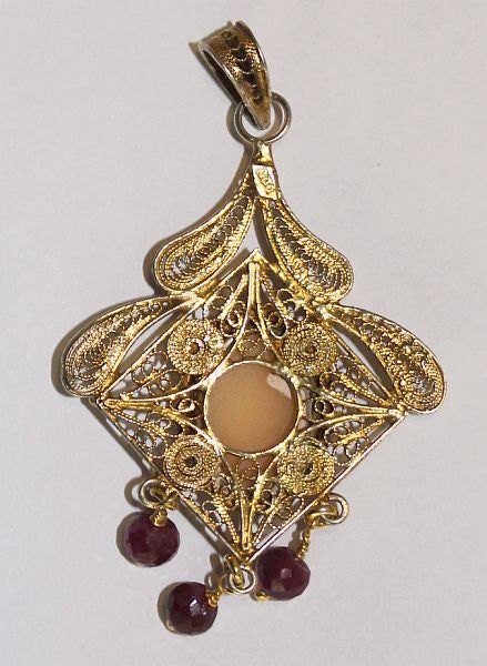 19 th Century Gilded Sterling Filigree Cameo Italian Pendant with Rubies