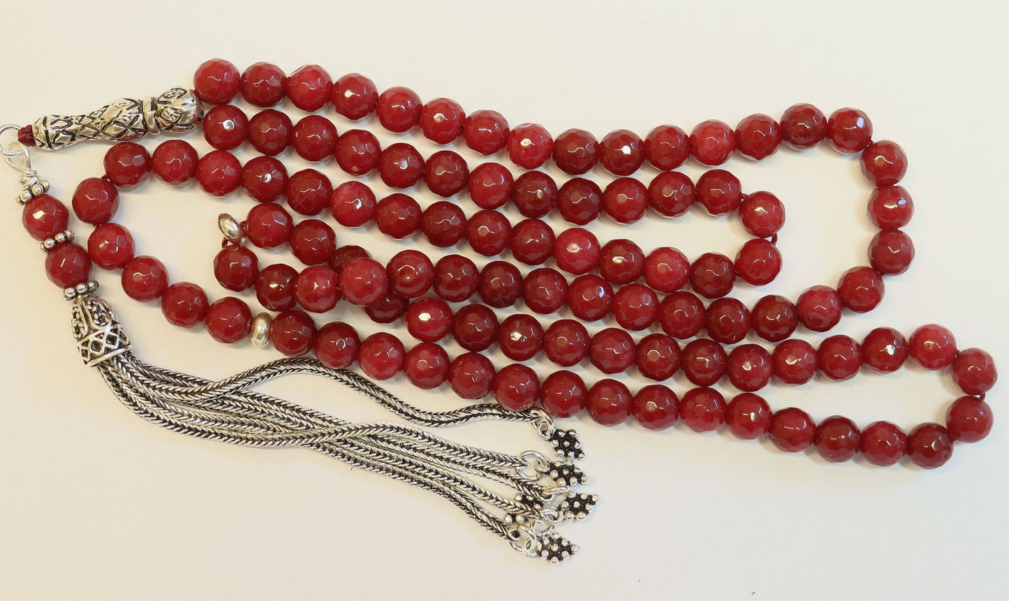 Islamic Prayer Beads Tesbih Rosary Gebetskette Genuine Faceted Ruby & Sterling Silver-99 Beads