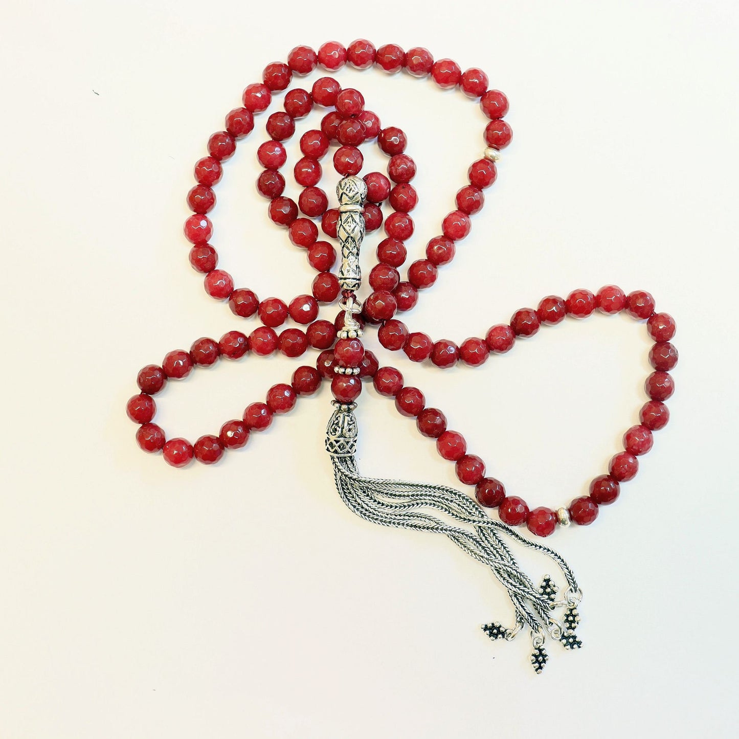 Islamic Prayer Beads Tesbih Rosary Gebetskette Genuine Faceted Ruby & Sterling Silver-99 Beads