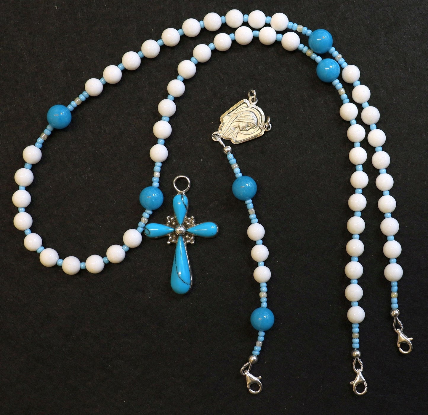 Transformable Catholic Rosary White Jade, Turquoise & Sterling Silver - 4 different uses -V. SPECIAL