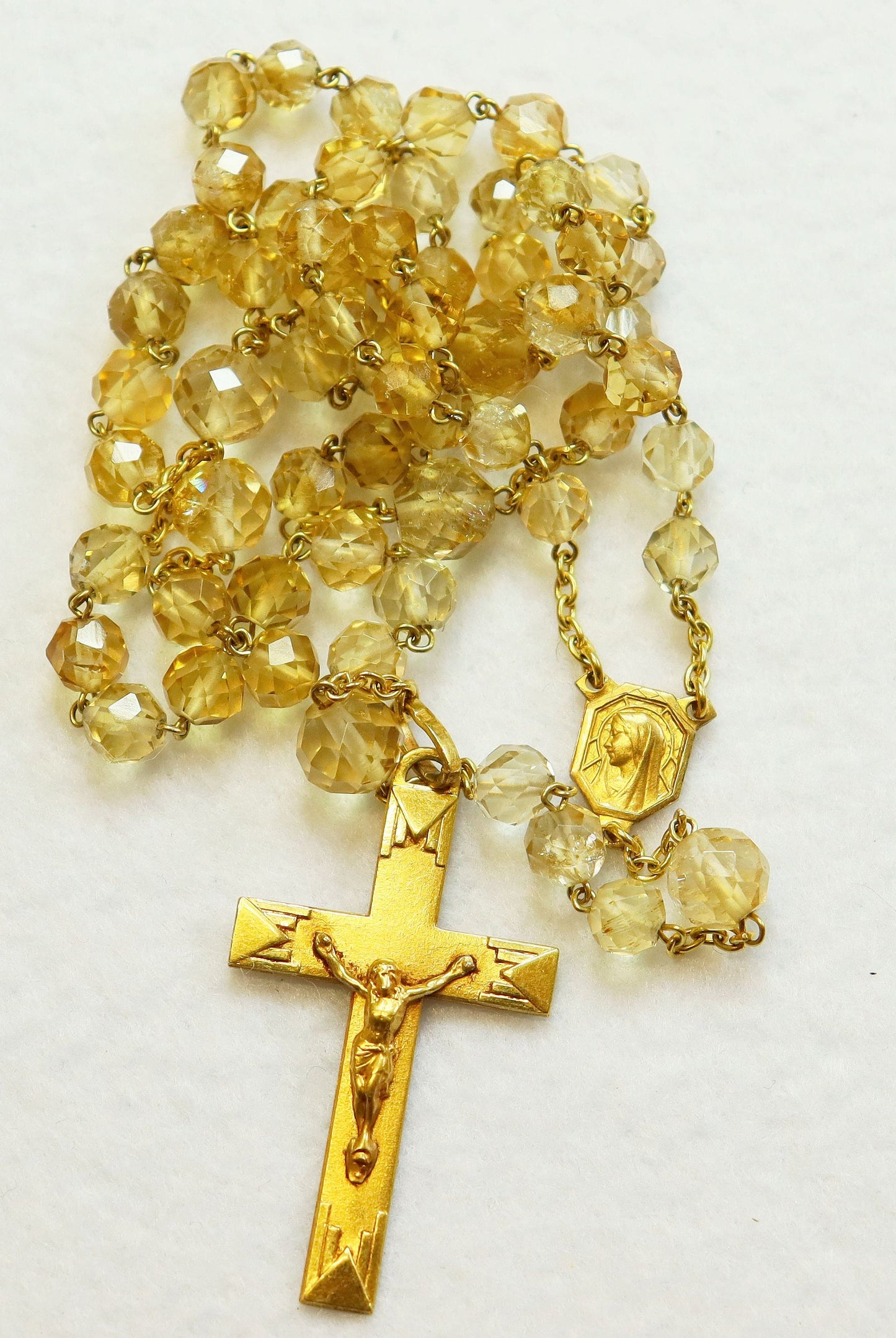 Vintage Citrine Crystal Gold Rolled Rosary, 1930s Hand-Faceted Beads, Old Religious Item, Catholic Prayer Beads, Unique Antique Jewelry