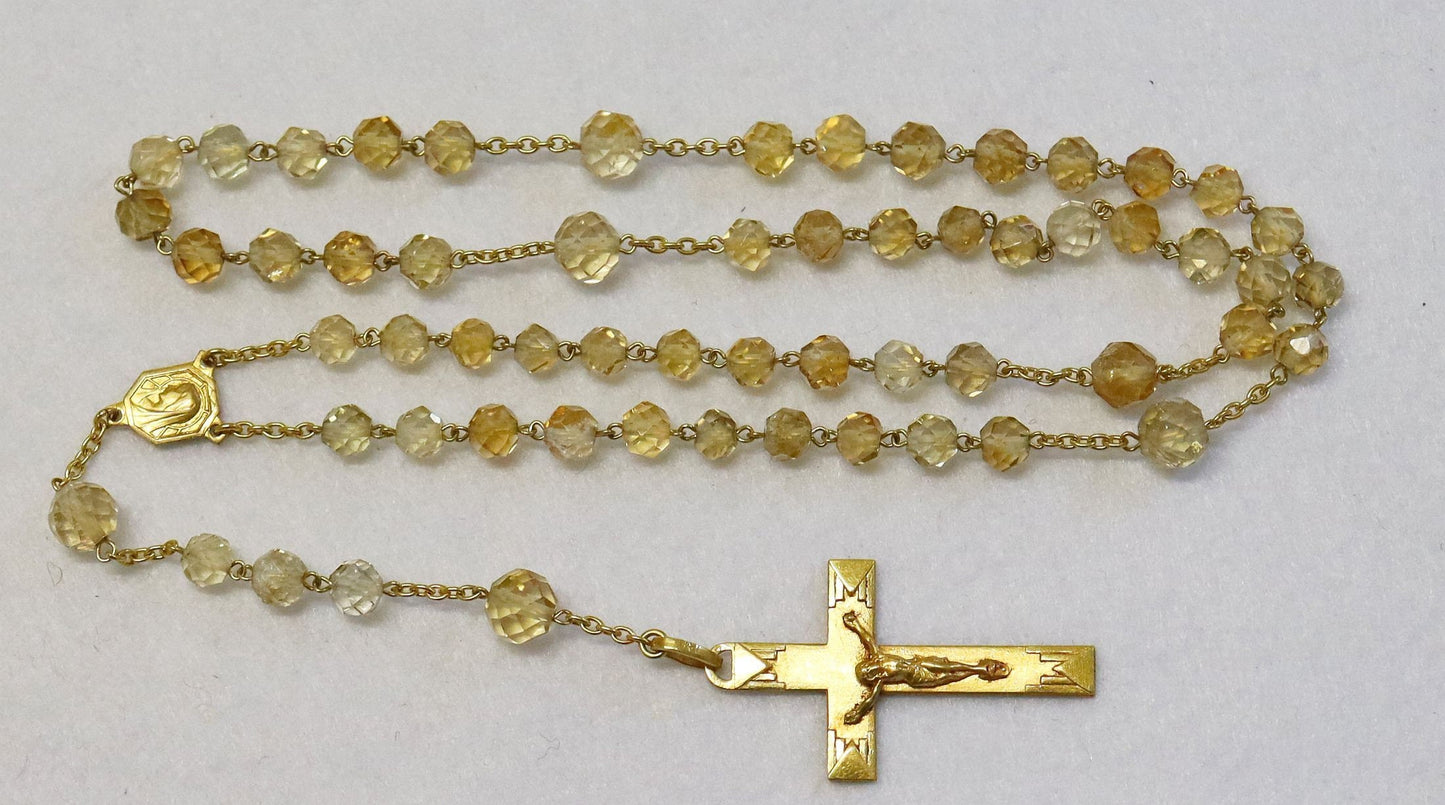 Vintage Citrine Crystal Gold Rolled Rosary, 1930s Hand-Faceted Beads, Old Religious Item, Catholic Prayer Beads, Unique Antique Jewelry
