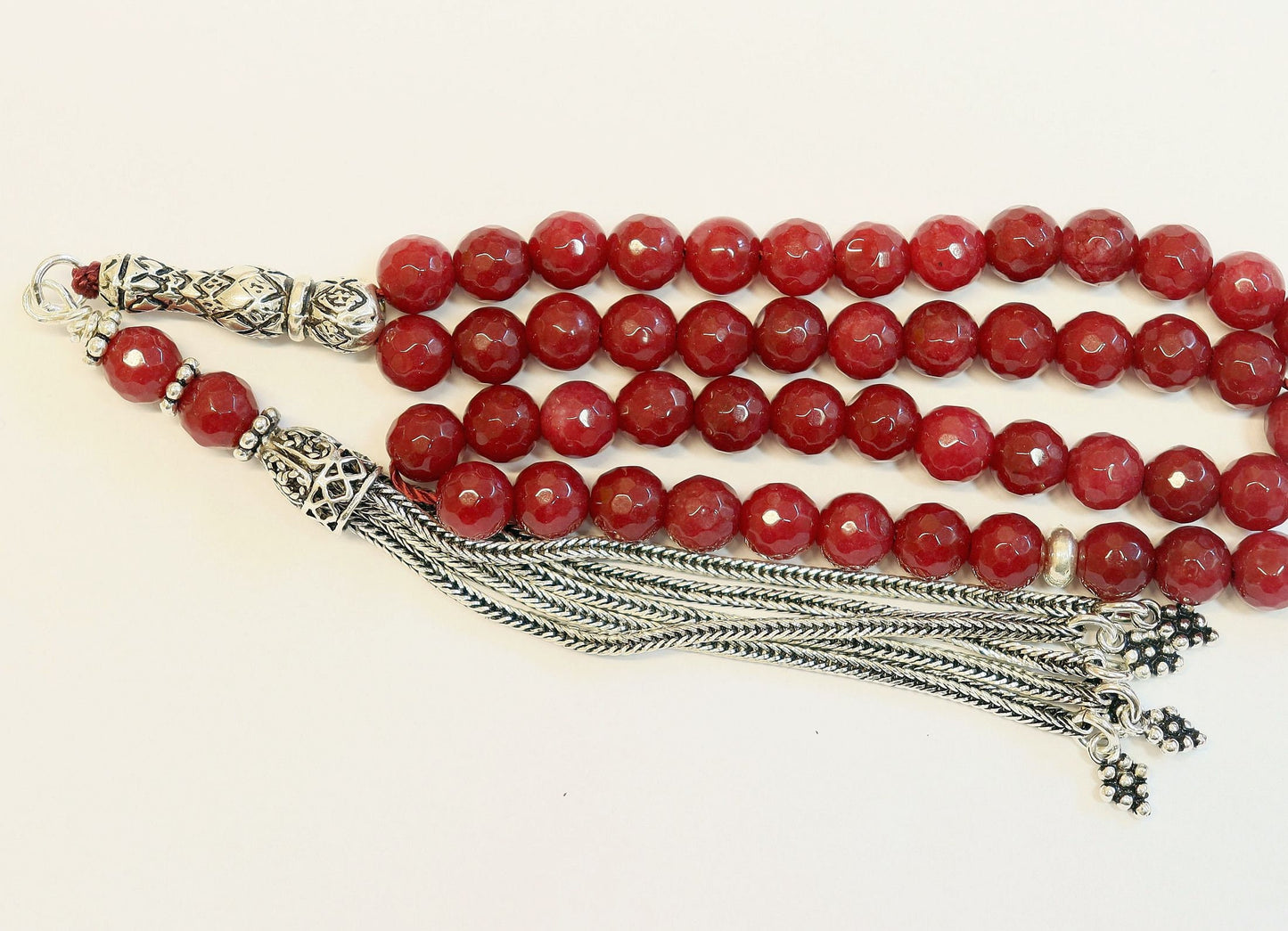 Islamic Prayer Beads Tesbih Rosary Gebetskette Genuine Faceted Ruby & Sterling Silver-99 Beads