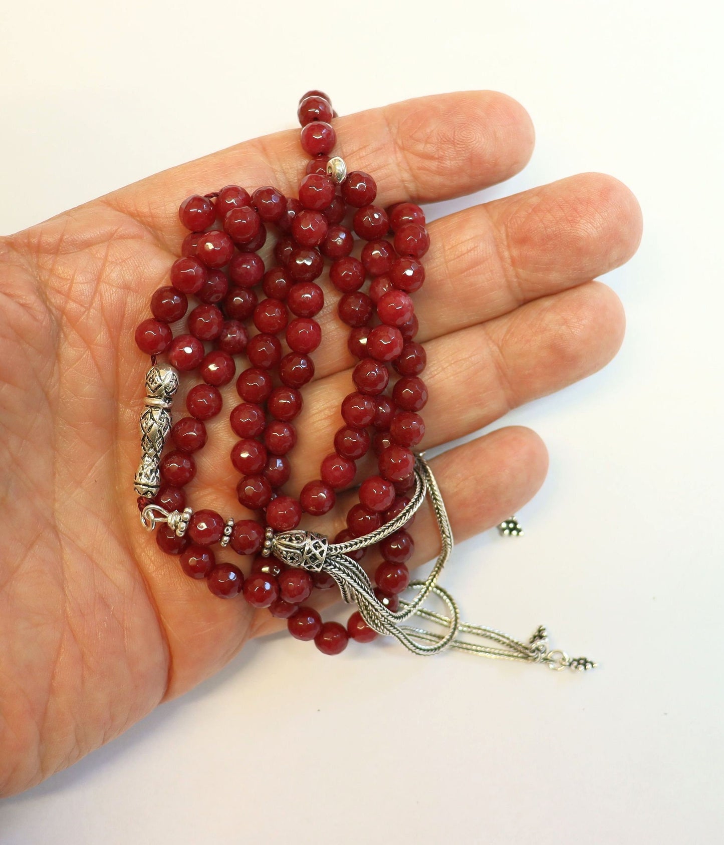 Islamic Prayer Beads Tesbih Rosary Gebetskette Genuine Faceted Ruby & Sterling Silver-99 Beads