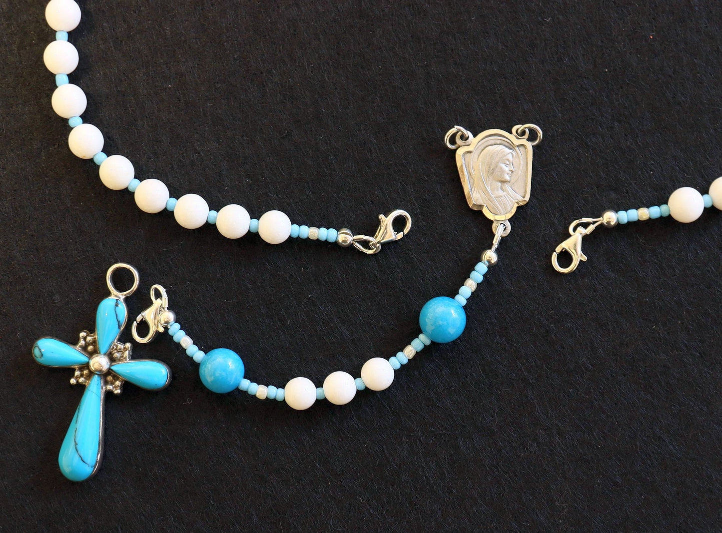Transformable Catholic Rosary White Jade, Turquoise & Sterling Silver - 4 different uses -V. SPECIAL