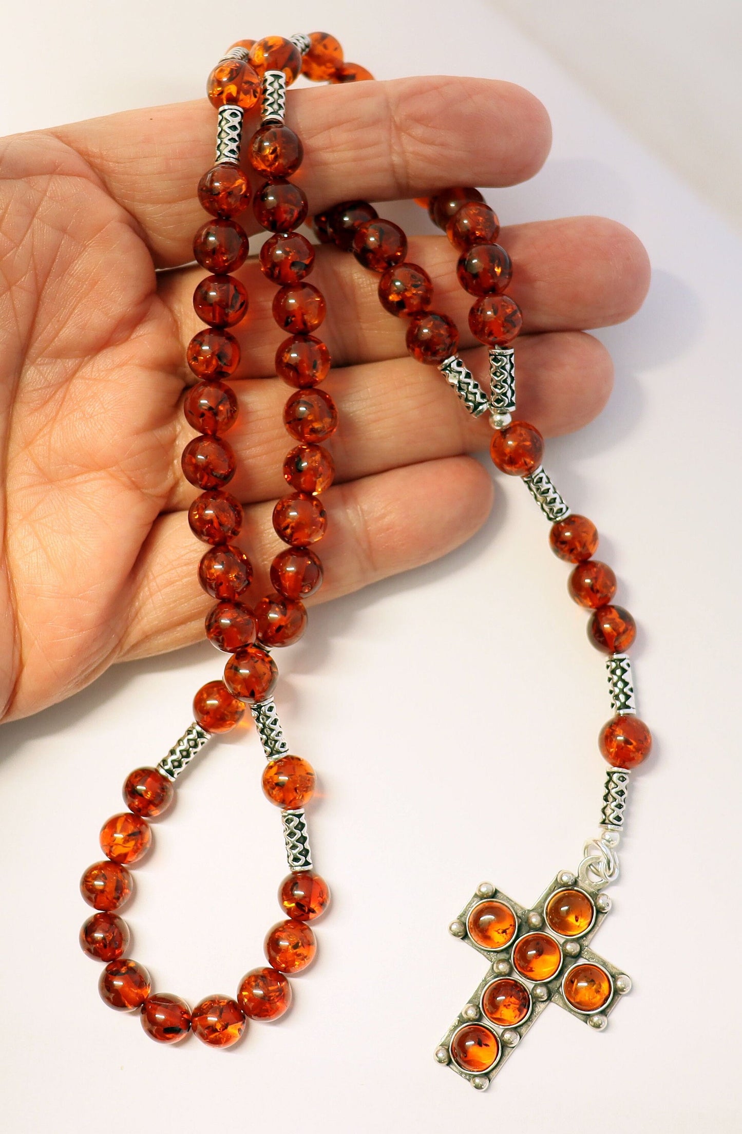 Catholic Rosary Prayer Beads Genuine Baltic Large Amber Beads & Sterling