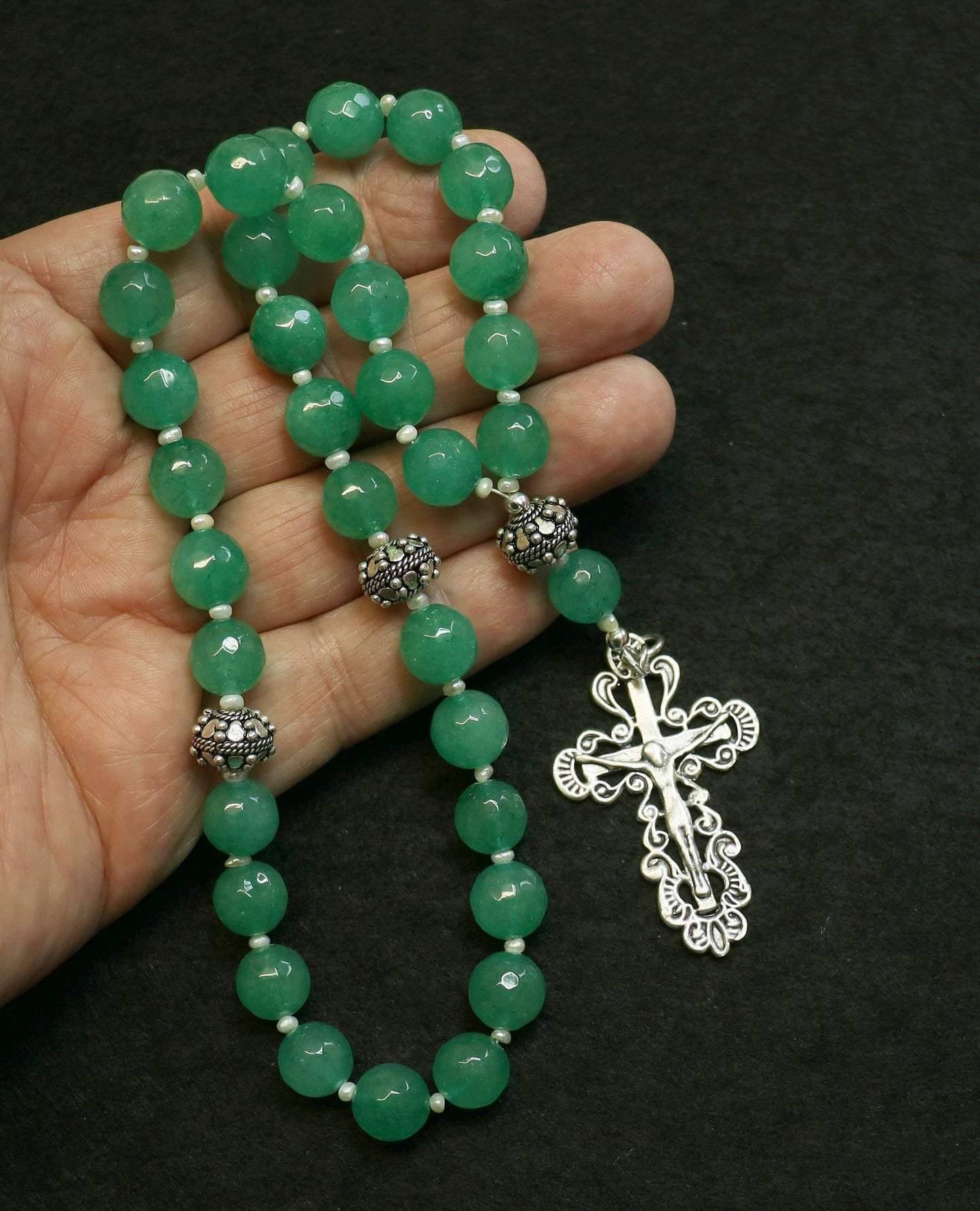 Beaded CHOTKI or KOMBOSKINI : Genuine Emeralds, Pearls and Sterling Silver Russian and Greek ORTHODOX Rosary Beaded Tchotki Byzantine Rosary