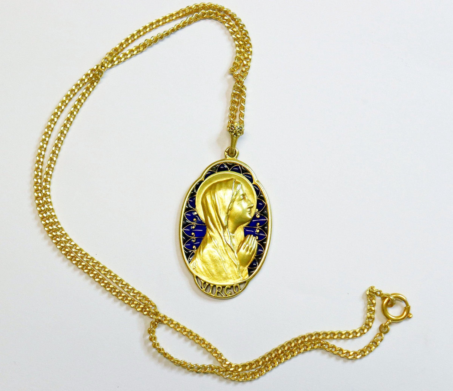 DD 1918 Highly Exceptional 18 K Gold Plique-à-Jour Virgin Mary Medal 19.07 Grams High Relief Largest and Heaviest on the Net