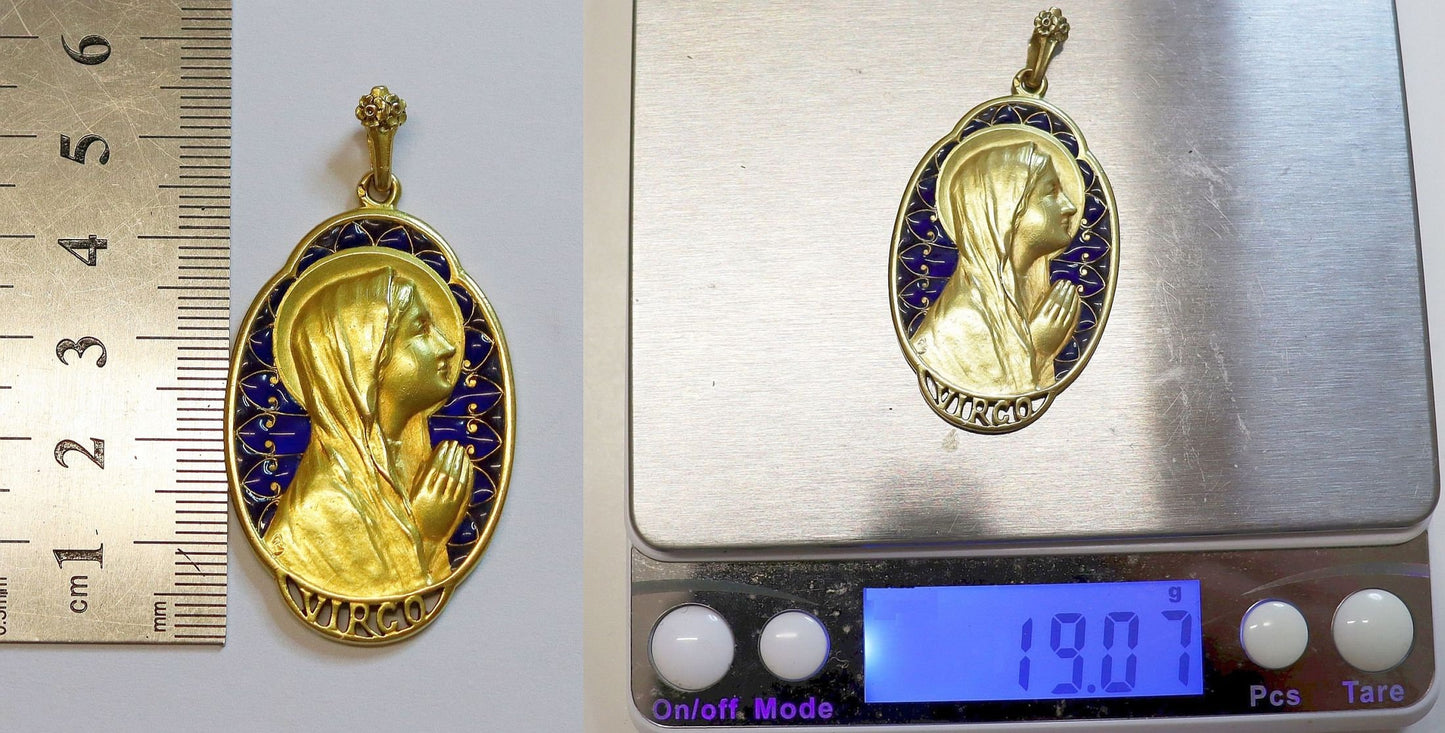 DD 1918 Highly Exceptional 18 K Gold Plique-à-Jour Virgin Mary Medal 19.07 Grams High Relief Largest and Heaviest on the Net