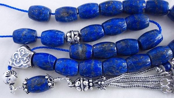 Greek Komboloi Worry Beads Exceptional Barrel LAPIS LAZULI and Sterling Silver- Collector's