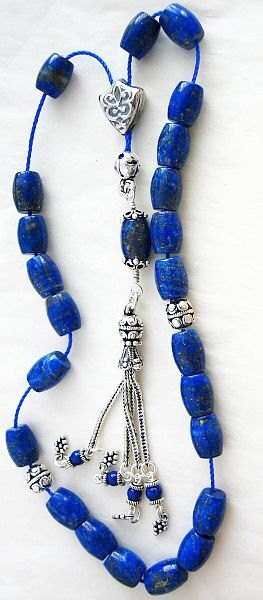 Greek Komboloi Worry Beads Exceptional Barrel LAPIS LAZULI and Sterling Silver- Collector's