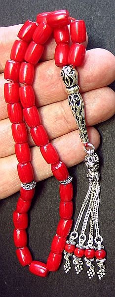 Luxury Prayer Worry Beads Tesbih RED CORAL Barrel Beads and Sterling Silver -