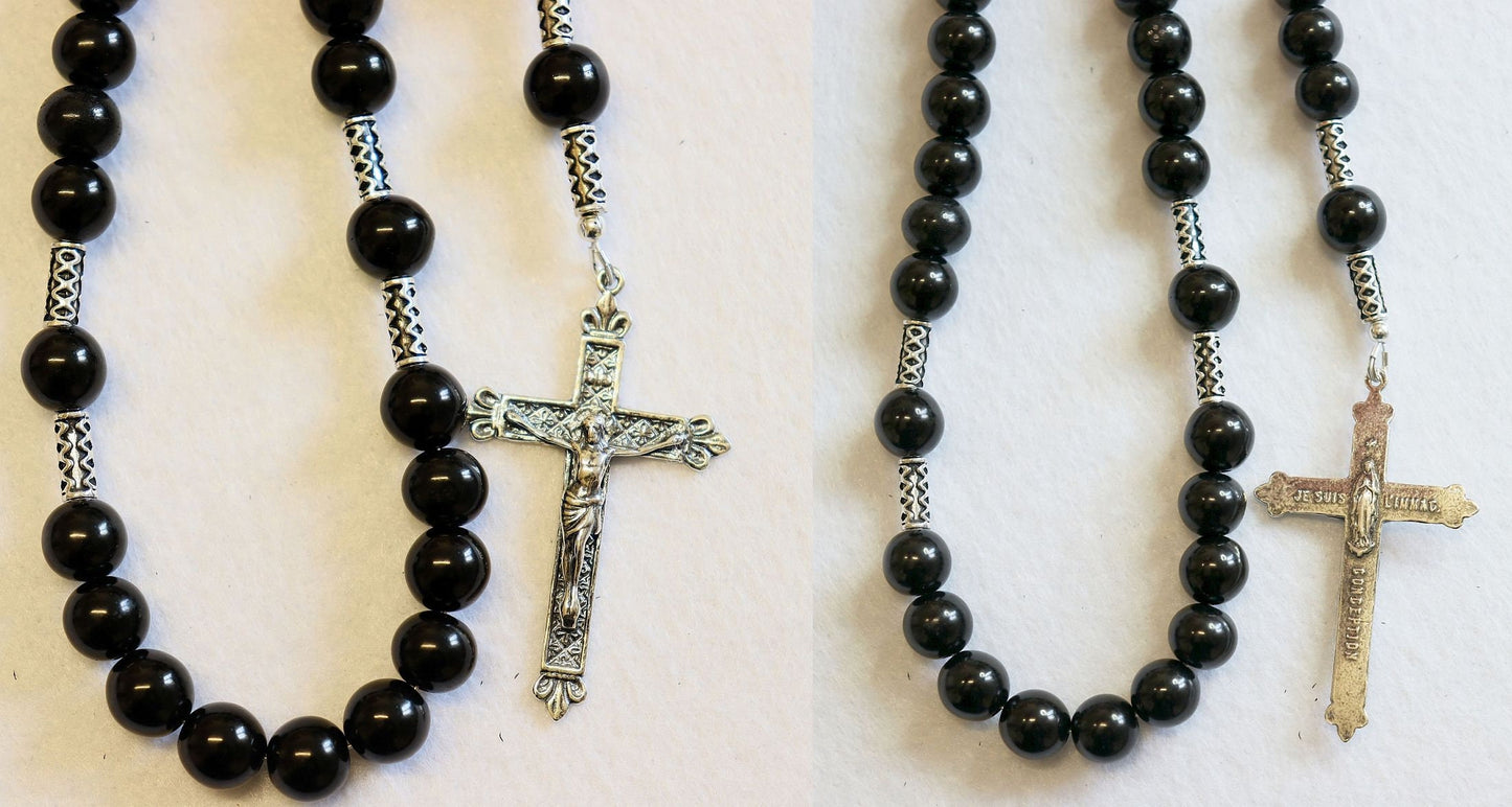 Catholic Rosary Prayer Beads all Black Genuine Jet Stones & Sterling Silver