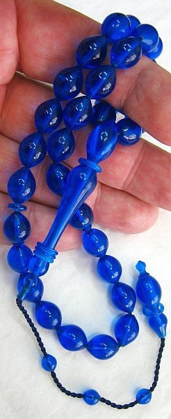 Prayer Worry Beads Tesbih BLUE Turkish Amber Catalin - SUPERIOR CARVING