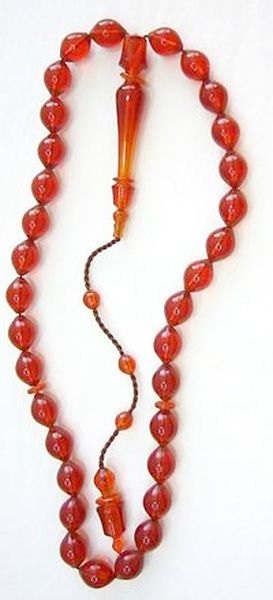 Handcrafted Turkish Amber Prayer Beads - Sufi Carving - Collectible Tesbih in Cognac Color