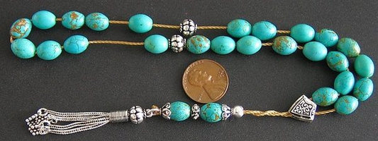 Greek Komboloi Worry Beads Teal with Gold Matrix Turquoise and Sterling Silver