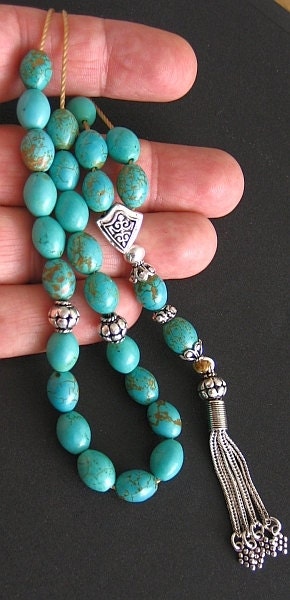 Greek Komboloi Worry Beads Teal with Gold Matrix Turquoise and Sterling Silver