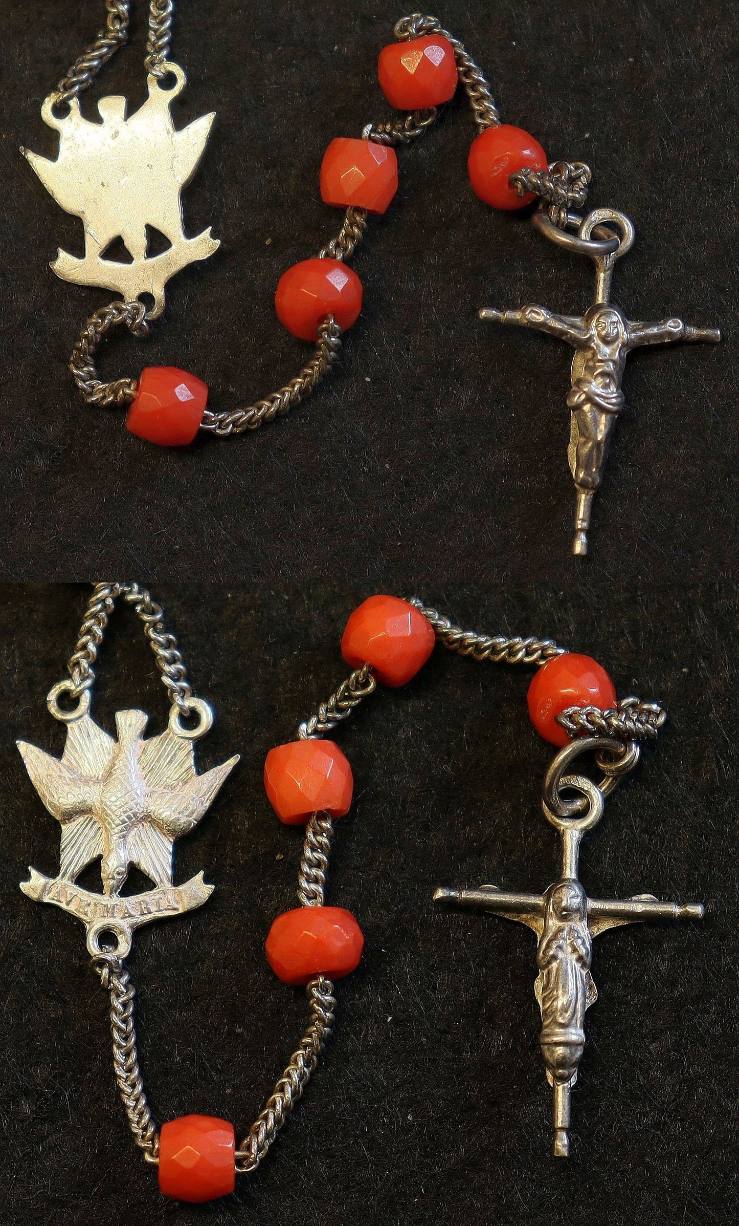 Vintage Sardinian Coral & Sterling Catholic Rosary in Sterling Mesh Purse with Silver Gold Medal- all Art Nouveau