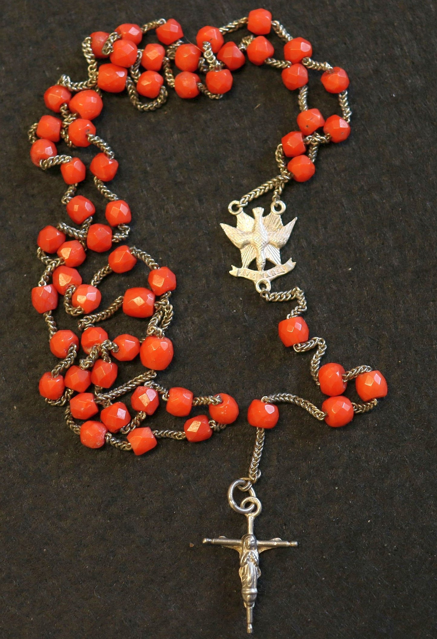 Vintage Sardinian Coral & Sterling Catholic Rosary in Sterling Mesh Purse with Silver Gold Medal- all Art Nouveau