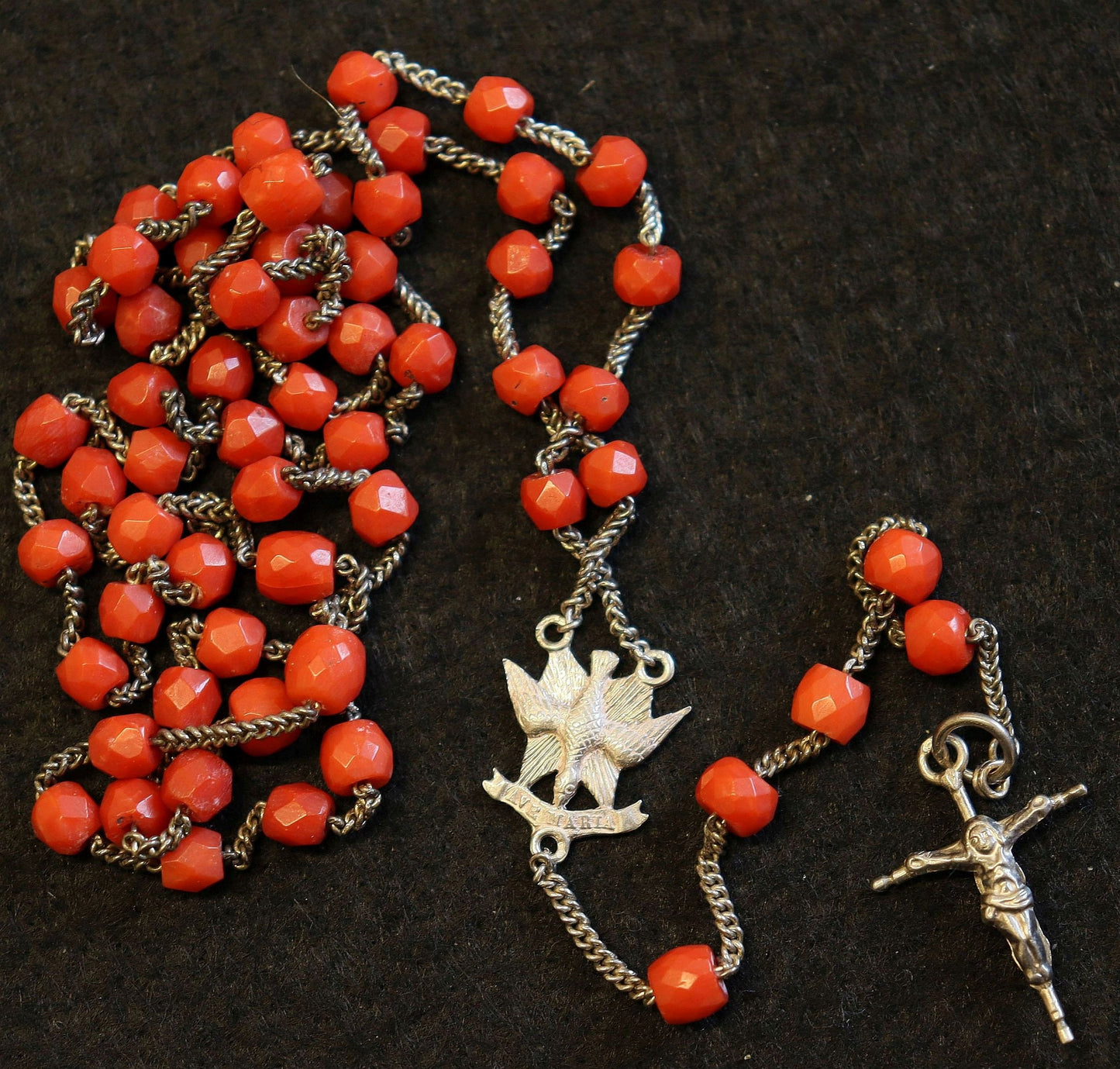 Vintage Sardinian Coral & Sterling Catholic Rosary in Sterling Mesh Purse with Silver Gold Medal- all Art Nouveau