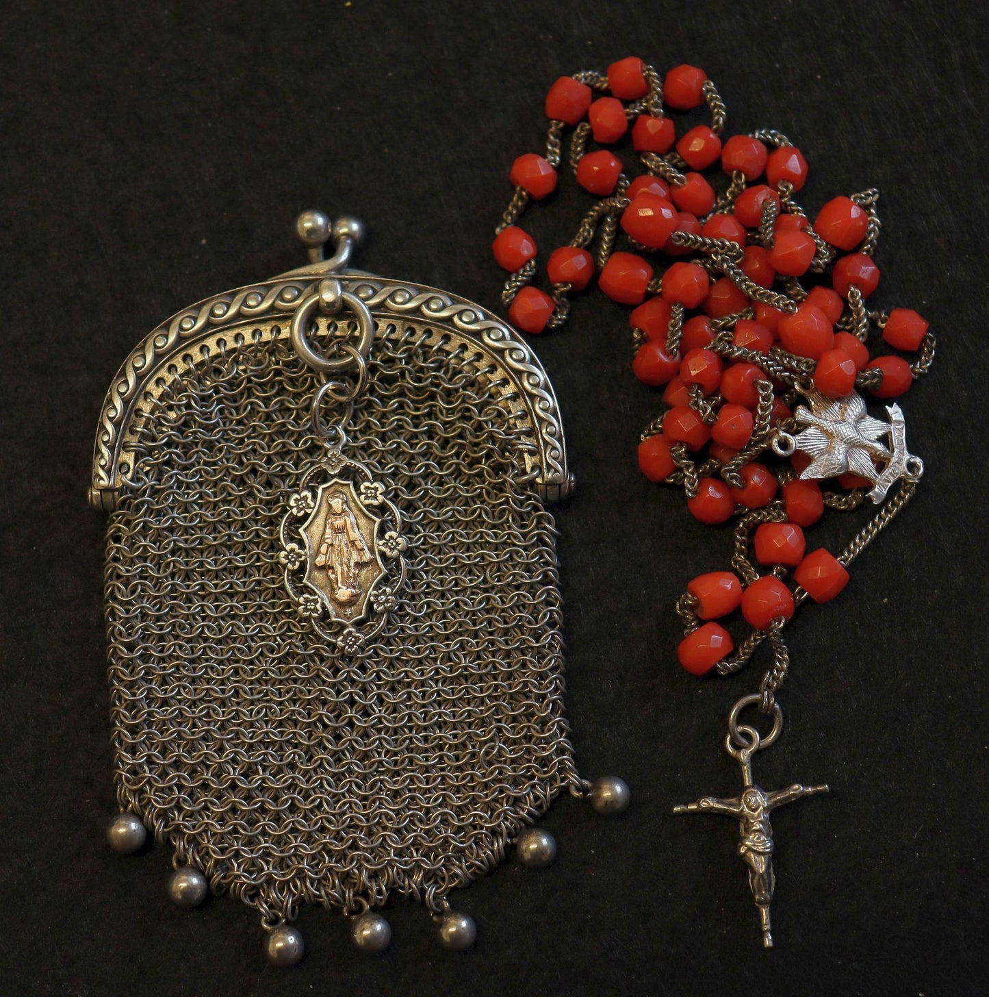 Vintage Sardinian Coral & Sterling Catholic Rosary in Sterling Mesh Purse with Silver Gold Medal- all Art Nouveau