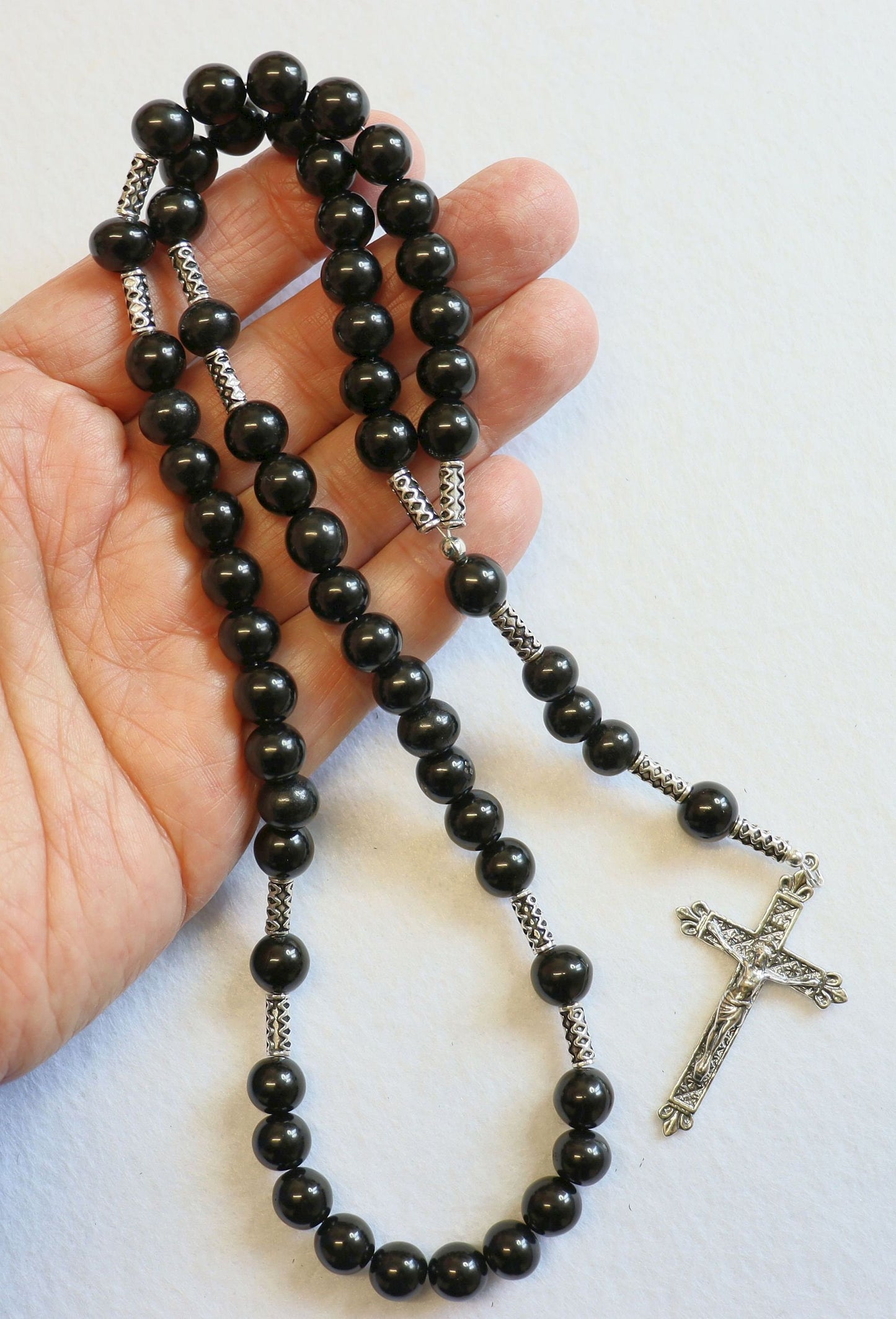 Catholic Rosary Prayer Beads all Black Genuine Jet Stones & Sterling Silver