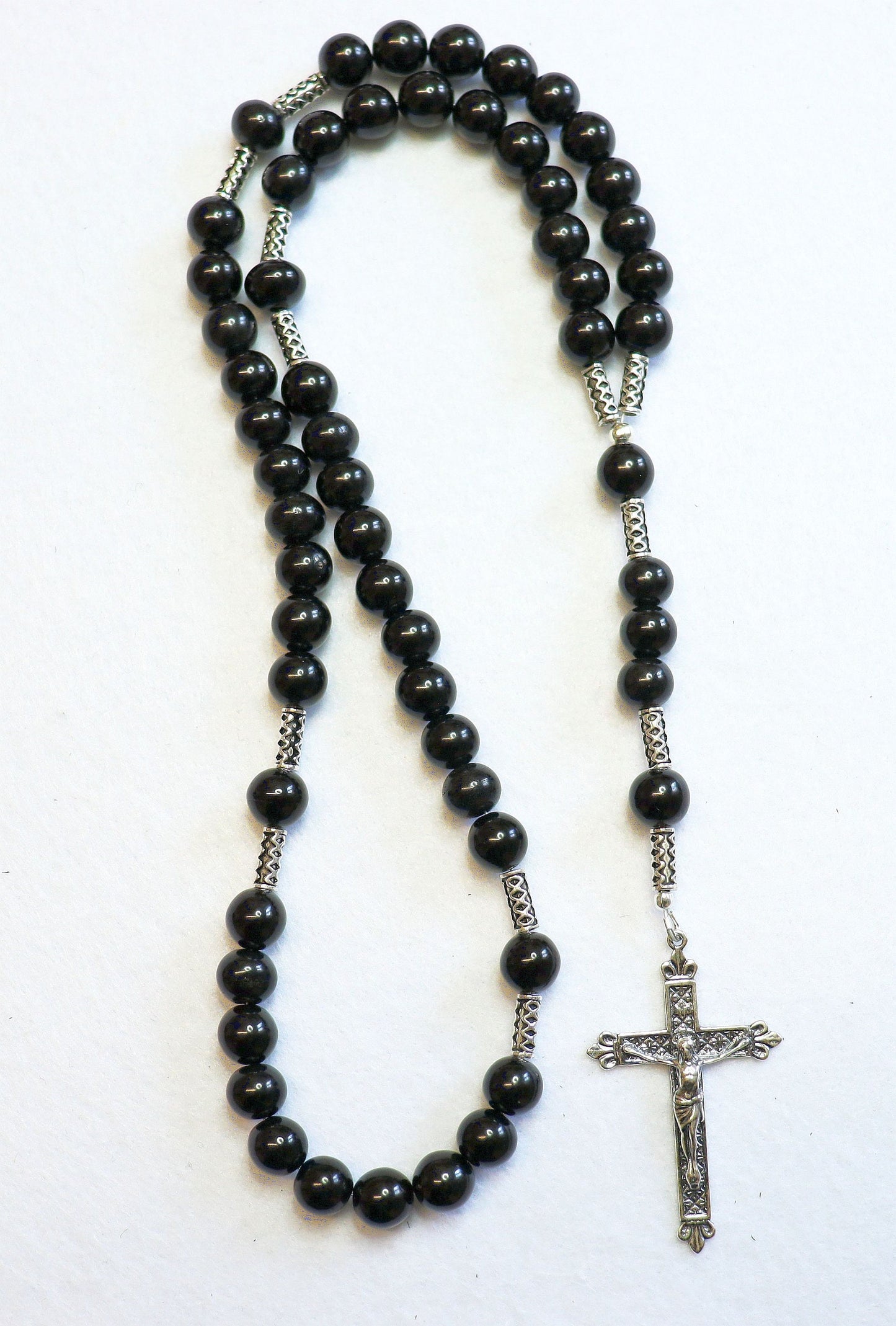 Catholic Rosary Prayer Beads all Black Genuine Jet Stones & Sterling Silver