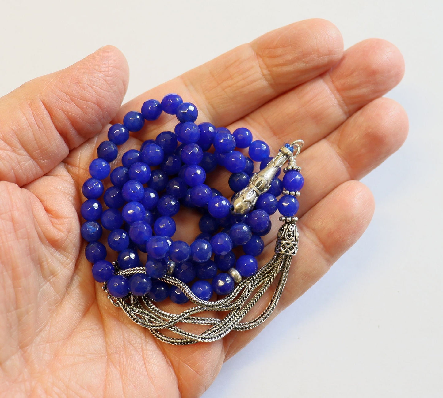 Islamic Prayer Beads Tesbih Rosary Gebetskette Genuine Faceted Sapphire & Sterling Silver-99 Beads - Zikr Tesbih