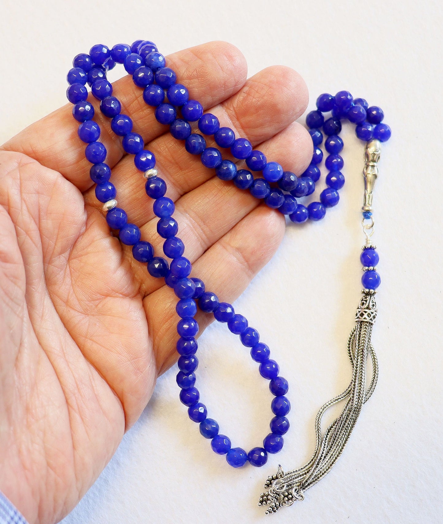 Islamic Prayer Beads Tesbih Rosary Gebetskette Genuine Faceted Sapphire & Sterling Silver-99 Beads - Zikr Tesbih