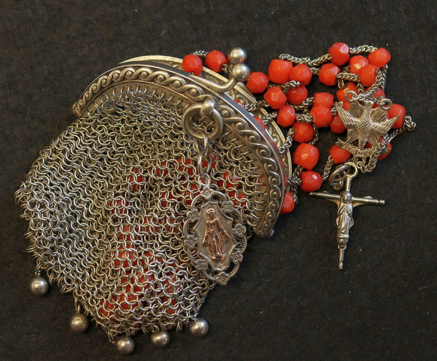 Vintage Sardinian Coral & Sterling Catholic Rosary in Sterling Mesh Purse with Silver Gold Medal- all Art Nouveau