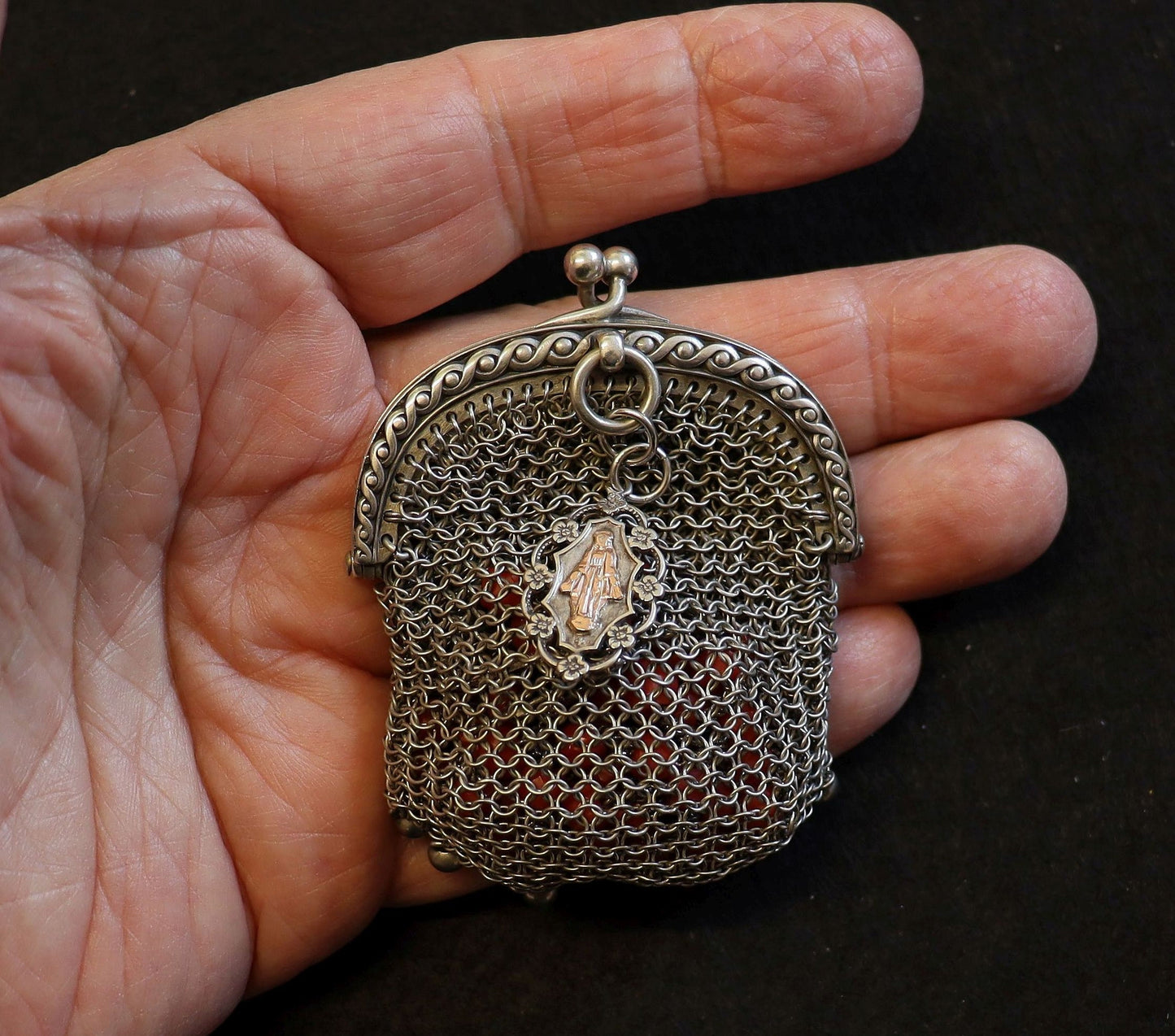 Vintage Sardinian Coral & Sterling Catholic Rosary in Sterling Mesh Purse with Silver Gold Medal- all Art Nouveau