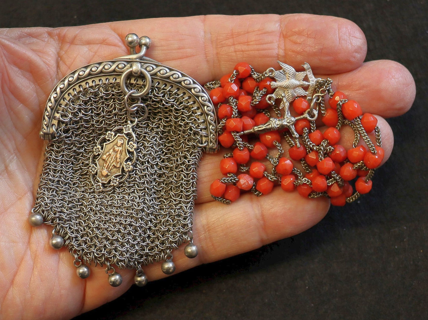 Vintage Sardinian Coral & Sterling Catholic Rosary in Sterling Mesh Purse with Silver Gold Medal- all Art Nouveau