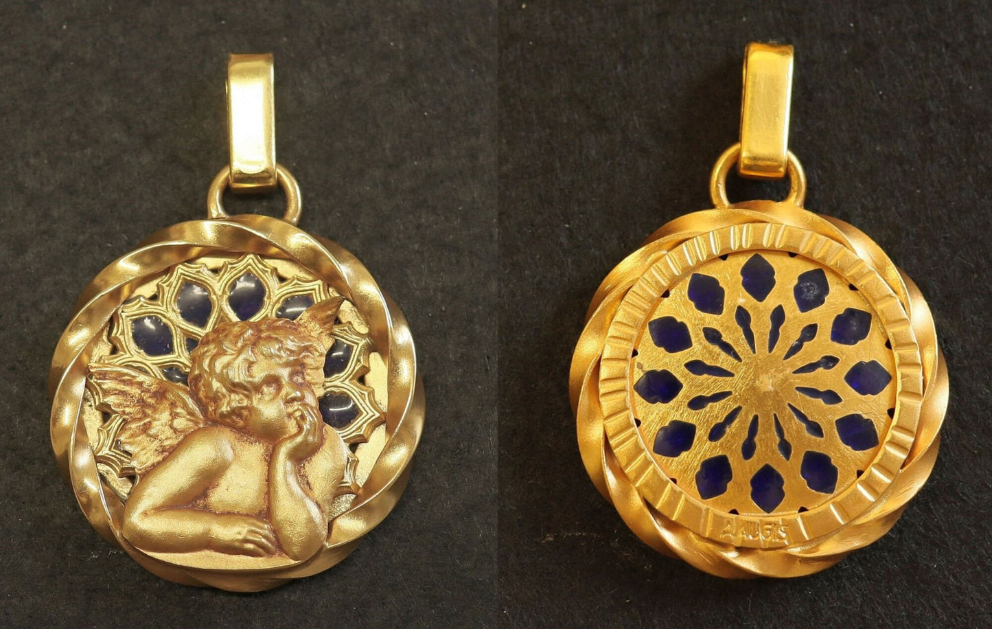 Vintage Gold Plated Plique-à-Jour V. Large Raphael Angel Putto Pendant Signed Augis w Vermeil Chain
