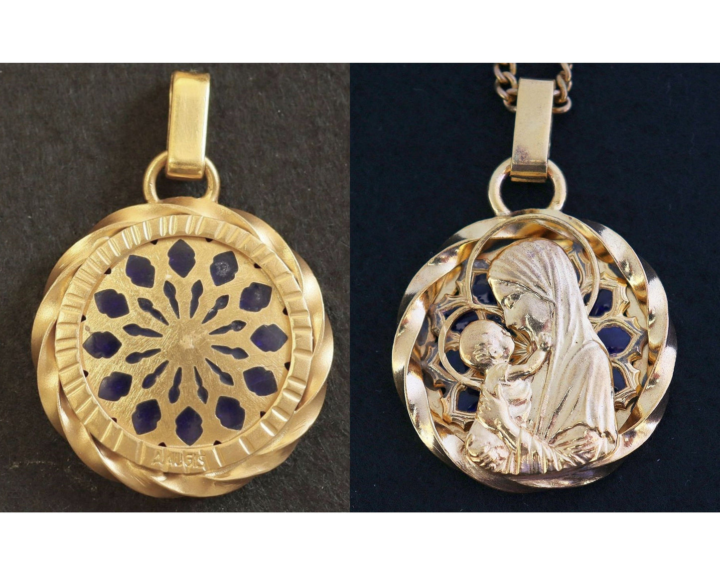 Plique-à-Jour Vintage Gold Plated V. Large Mary & Jesus Pendant w Chain by Augis