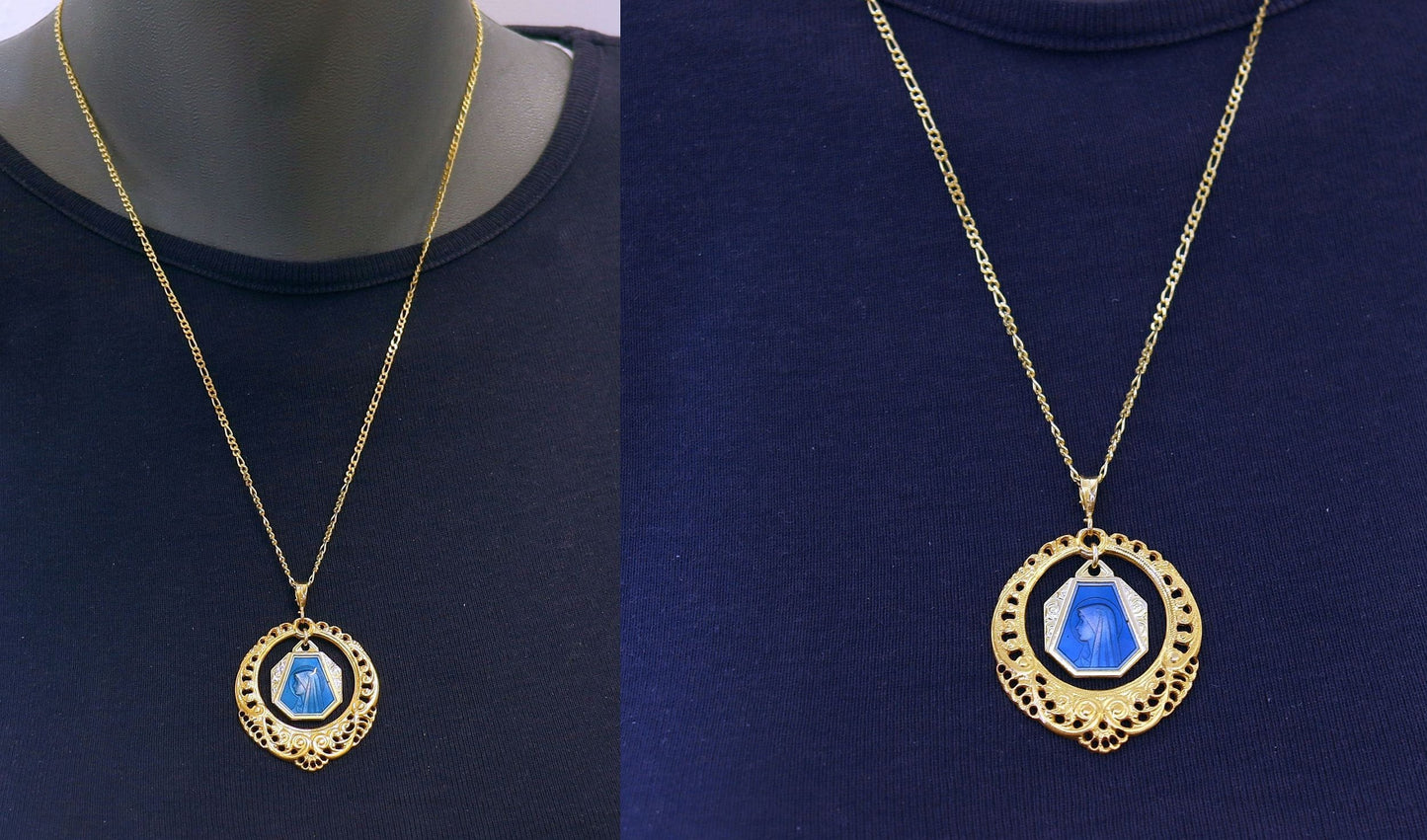 Virgin Mary Blue Enamel Vintage Pendant Medal in Vermeil open Work Frame with Vermeil Chain