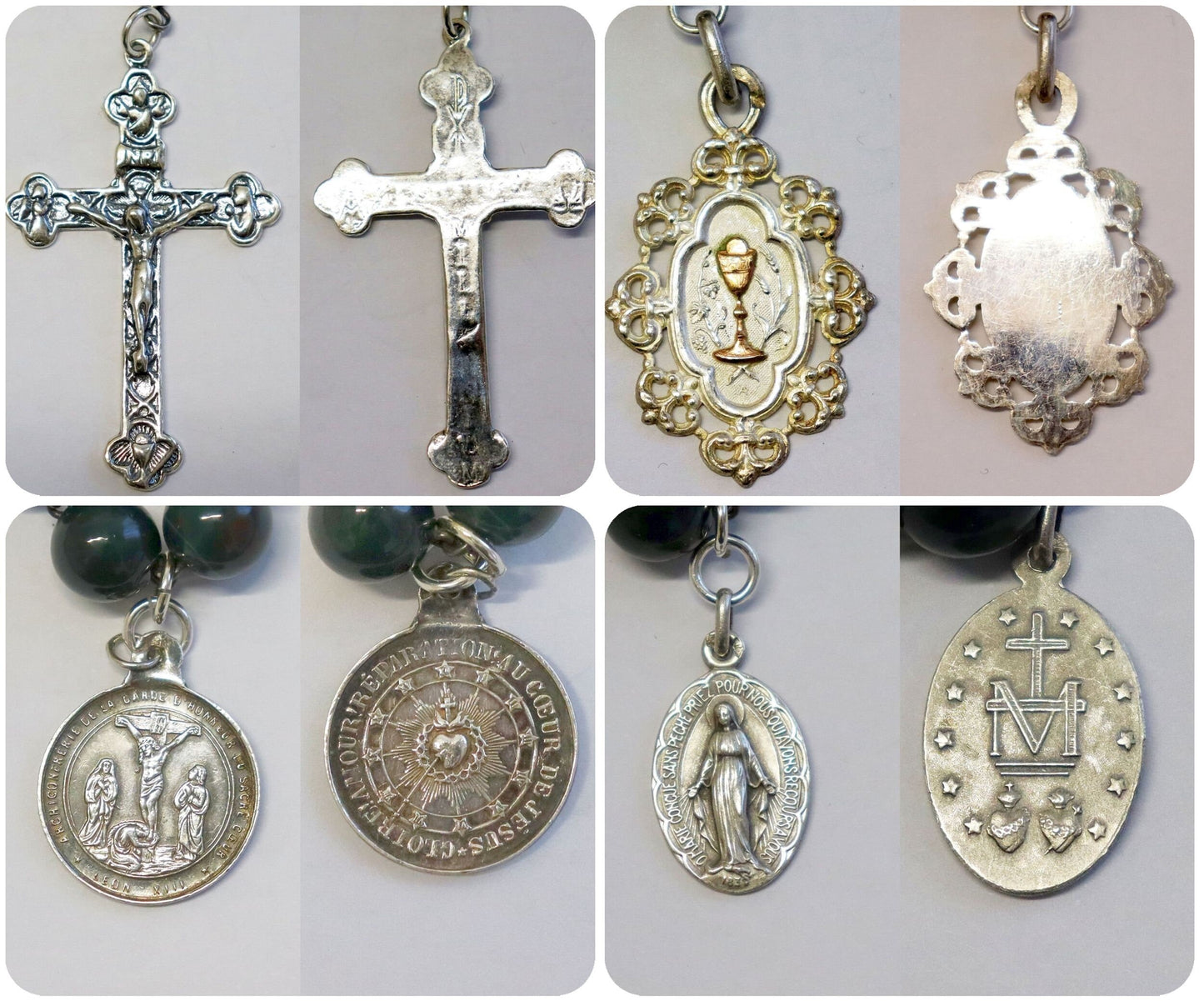 Vintage Bloodstone-- Heliotrope - and Sterling Silver Exceptional Catholic Rosary ca. 1925 w 7 Rare Medals ca. 1870-1920 – French - XXXR