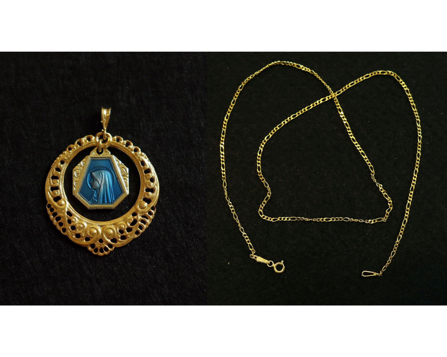 Virgin Mary Blue Enamel Vintage Pendant Medal in Vermeil open Work Frame with Vermeil Chain