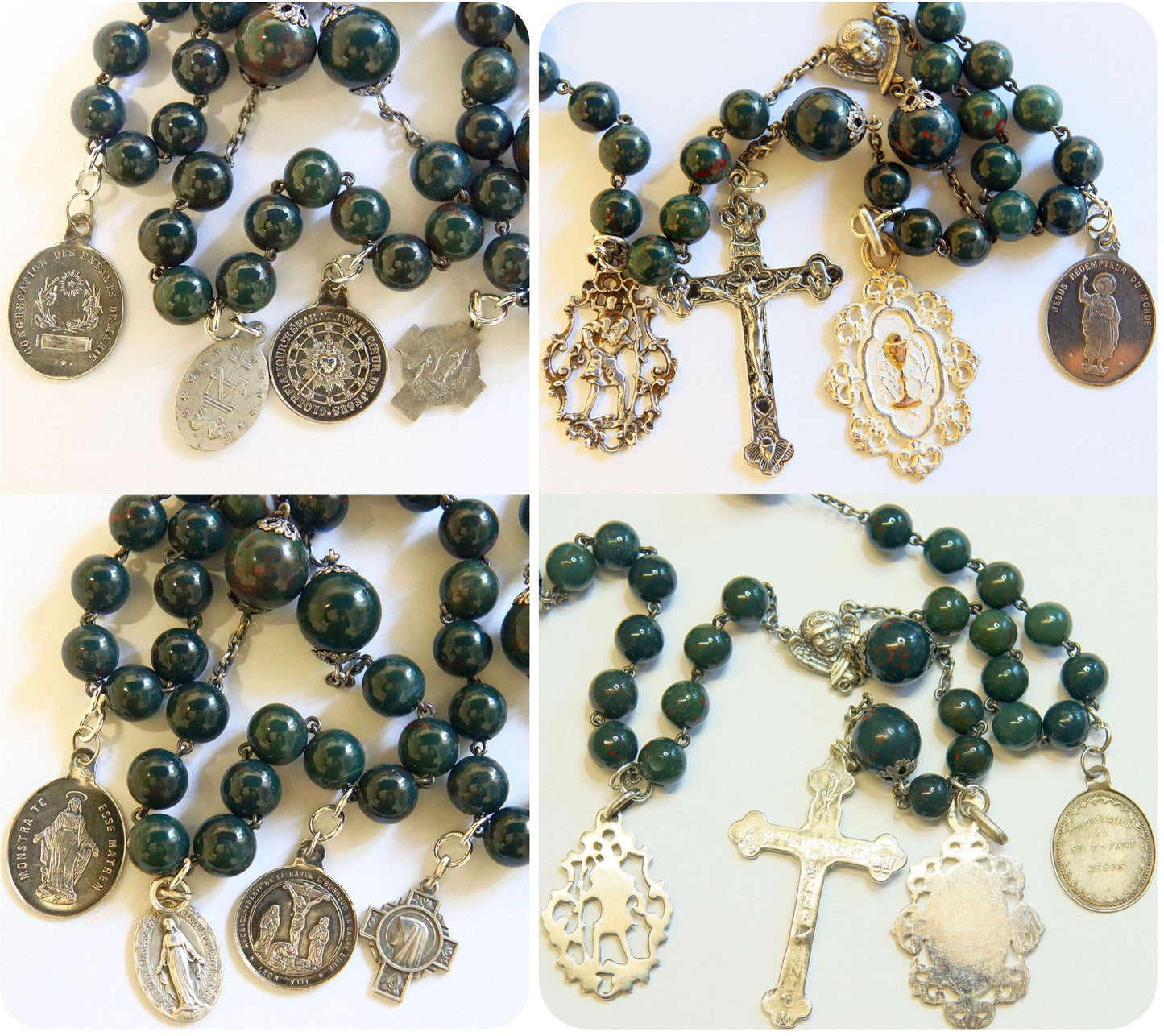 Vintage Bloodstone-- Heliotrope - and Sterling Silver Exceptional Catholic Rosary ca. 1925 w 7 Rare Medals ca. 1870-1920 – French - XXXR