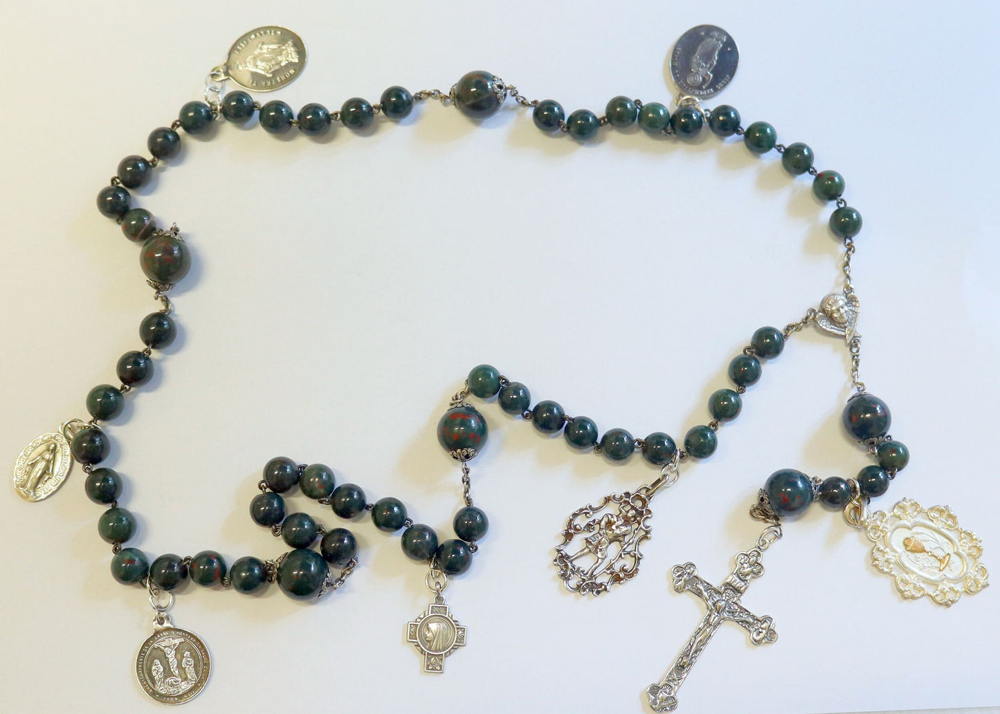 Vintage Bloodstone-- Heliotrope - and Sterling Silver Exceptional Catholic Rosary ca. 1925 w 7 Rare Medals ca. 1870-1920 – French - XXXR