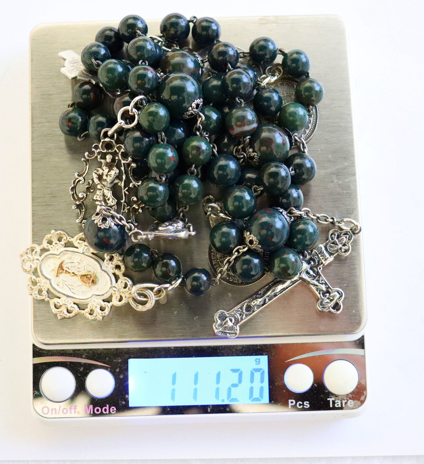 Vintage Bloodstone-- Heliotrope - and Sterling Silver Exceptional Catholic Rosary ca. 1925 w 7 Rare Medals ca. 1870-1920 – French - XXXR