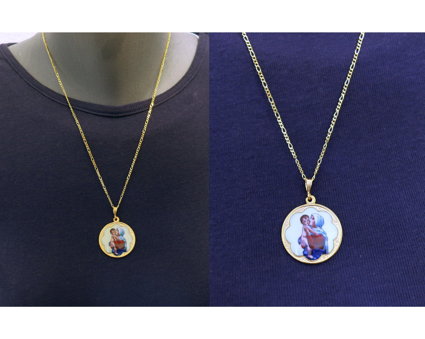 Vintage Enamel Medal of Mary with Baby Jesus Hand Painted in Gold Plated Stylized Frame w Chain- Unique, very Rare
