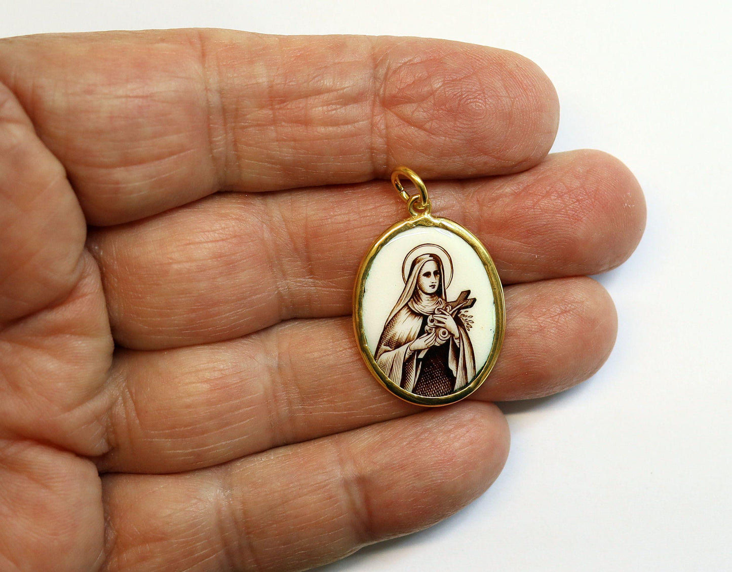 Vintage Enamel Medal double sided medal of Saint Therese Hand Painted in Gold Plated Frame w Opional Chain - Rare and Unique