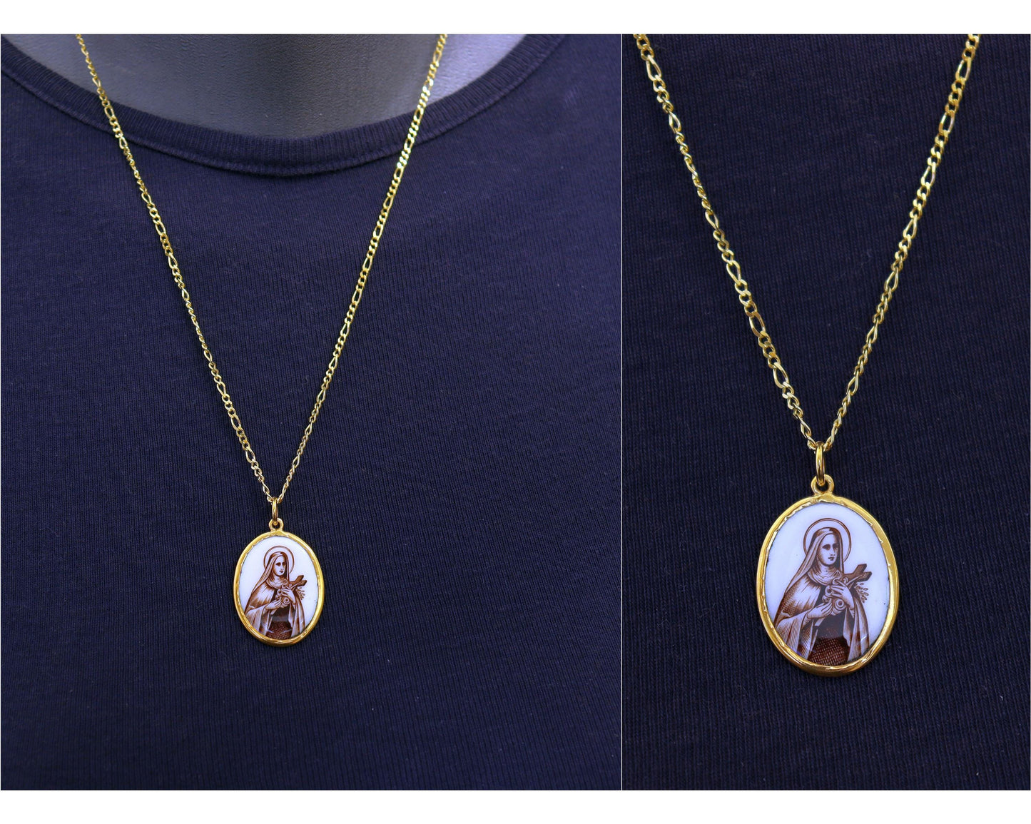 Vintage Saint Therese Enamel Medal: Hand-Painted Gold-Plated Pendant, Optional Chain