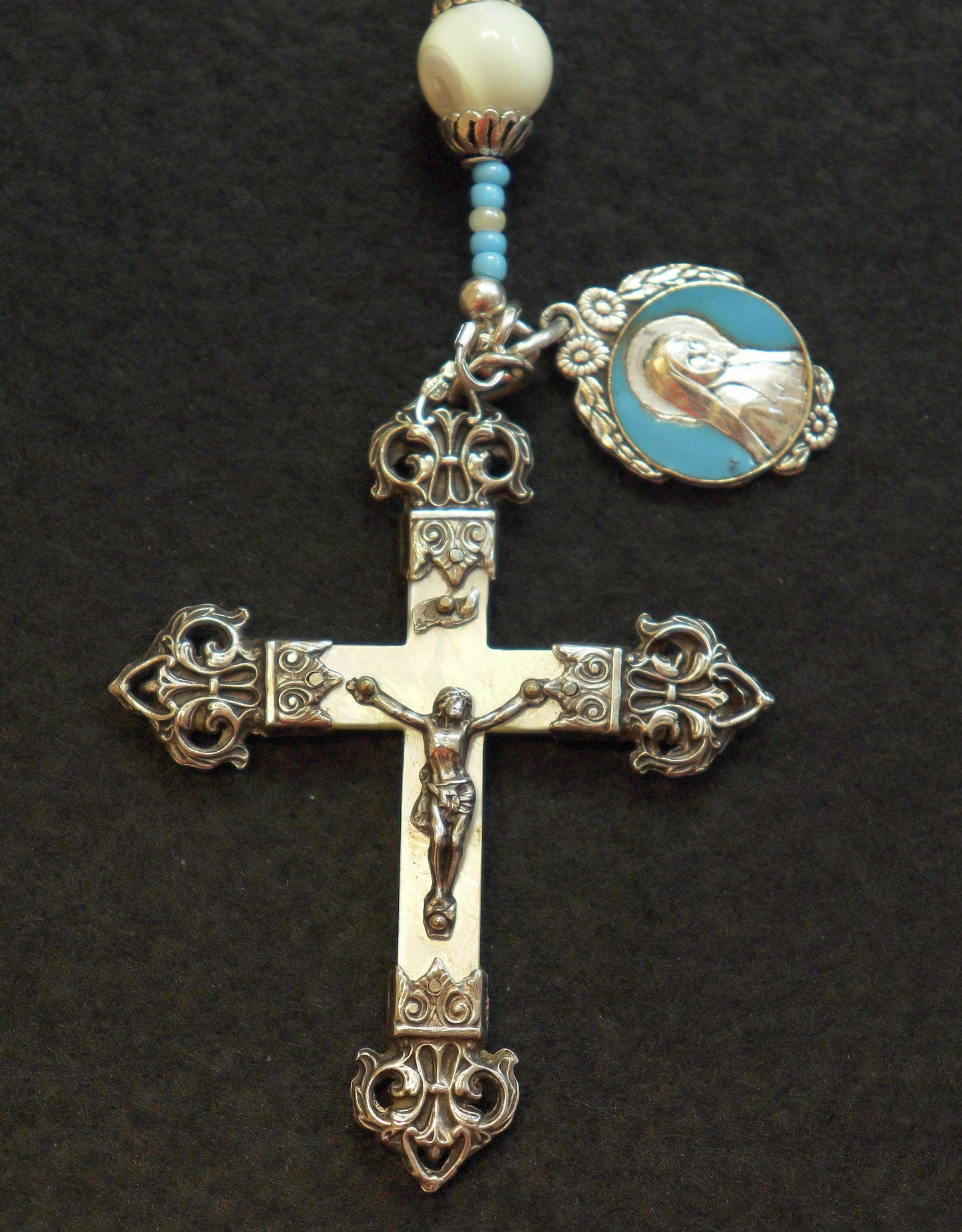 Vintage Catholic Rosary MOP w Sterling Cross, Blue & Enamel Medal, Rosenkranz Antik Kreuz