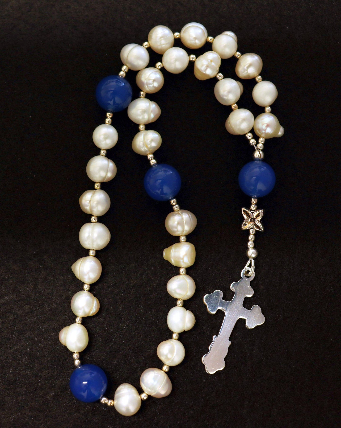 Anglican Episcopal Rosary Prayer Beads : Pearl, Chalcedony and Sterling Silver