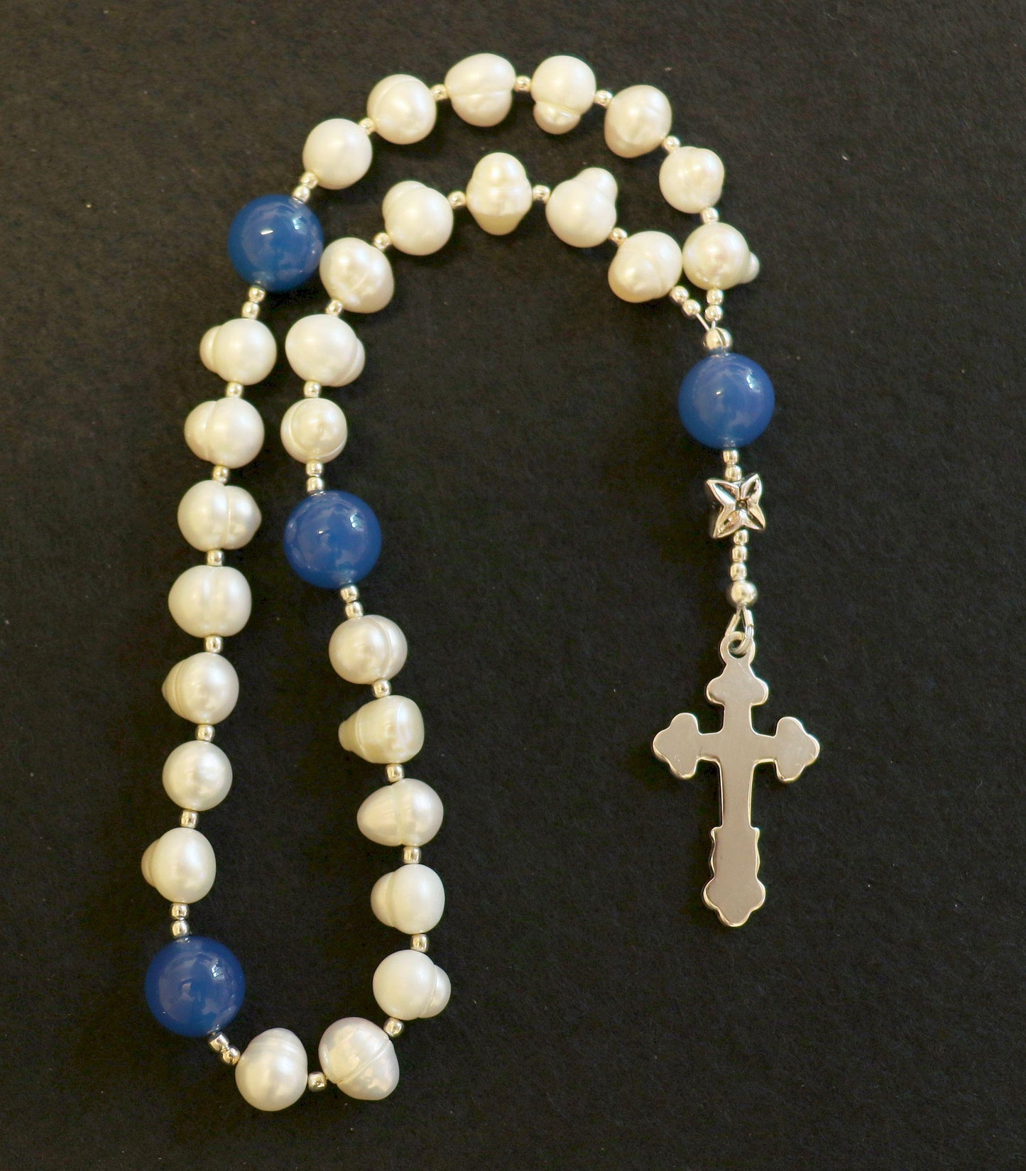 Anglican Episcopal Rosary Prayer Beads : Pearl, Chalcedony and Sterling Silver
